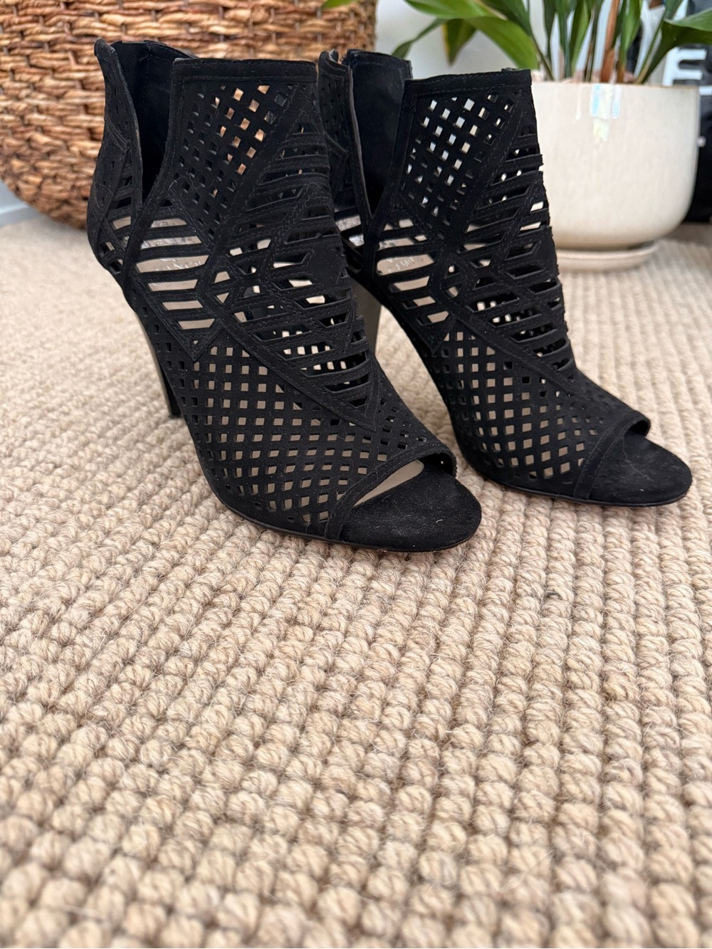 Vince Camuto, laser cut suede peep toe booties